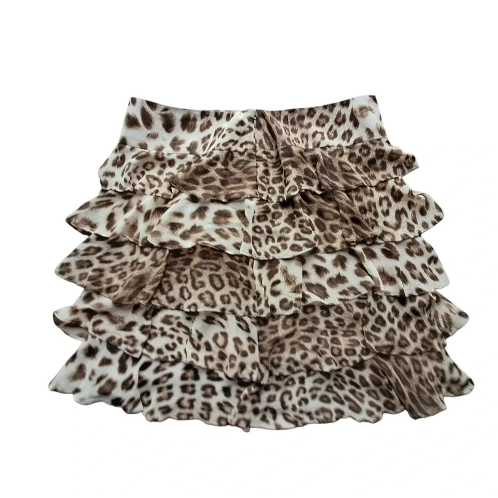 Talbots Leopard Print Tiered Ruffle Mini Skirt Brown Tan Petites 14P Zipper Back